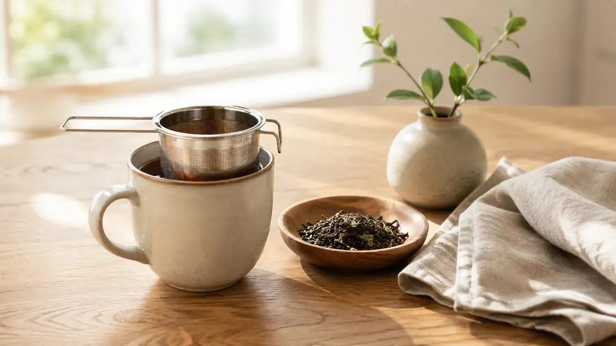 A ceramic mug with a steel tea infuser basket on an oak table, beside a wooden bowl of dry leaves and a linen cloth