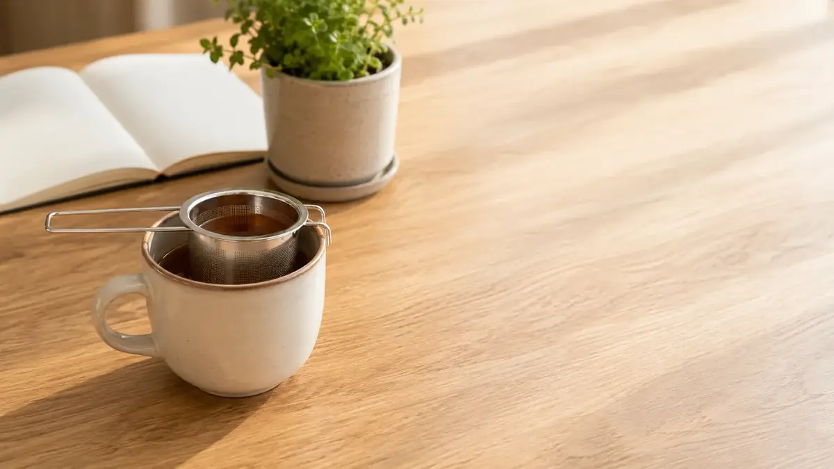 A mug with a steel tea infuser basket on a light oak table beside an open blank notebook and a potted herb
