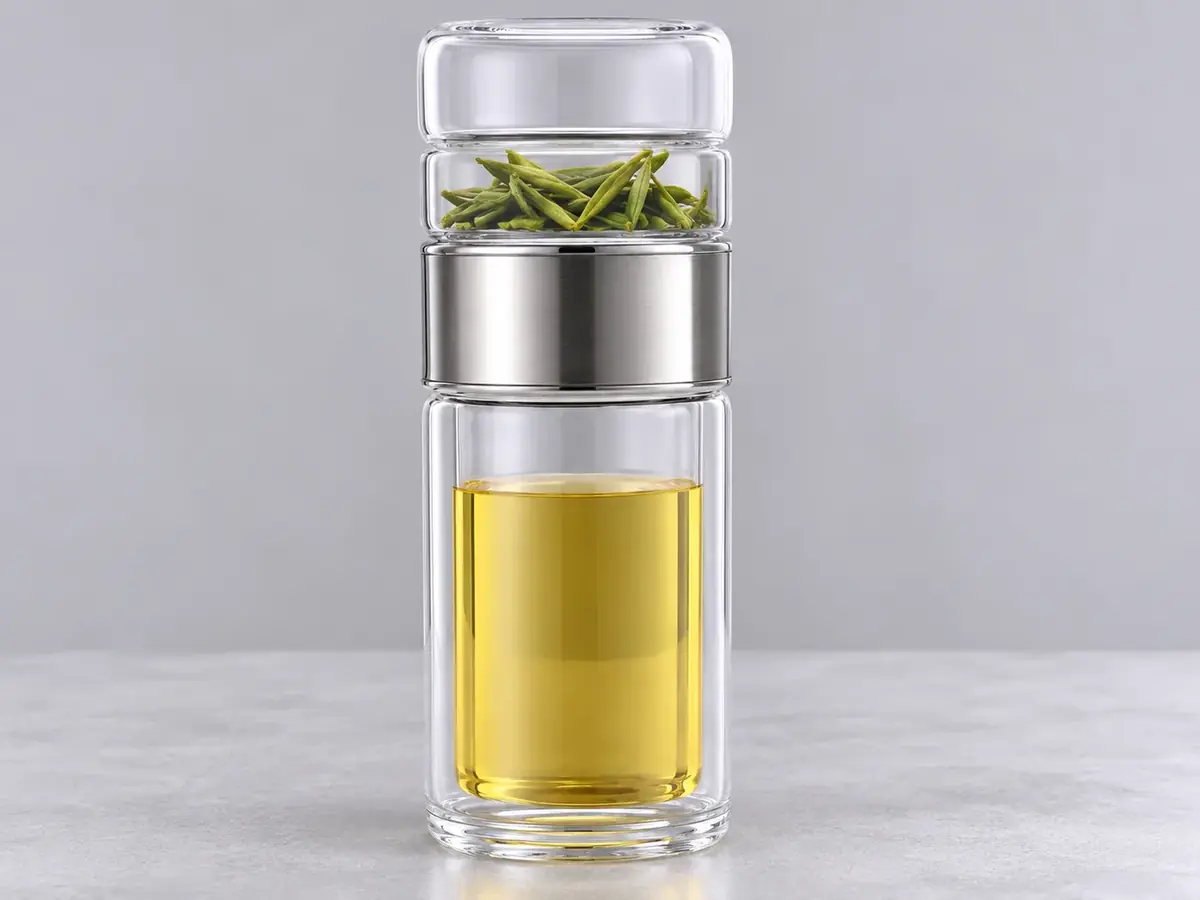The full double-wall glass tea bottle standing on a pale surface, leaves above the steel collar and tea below
