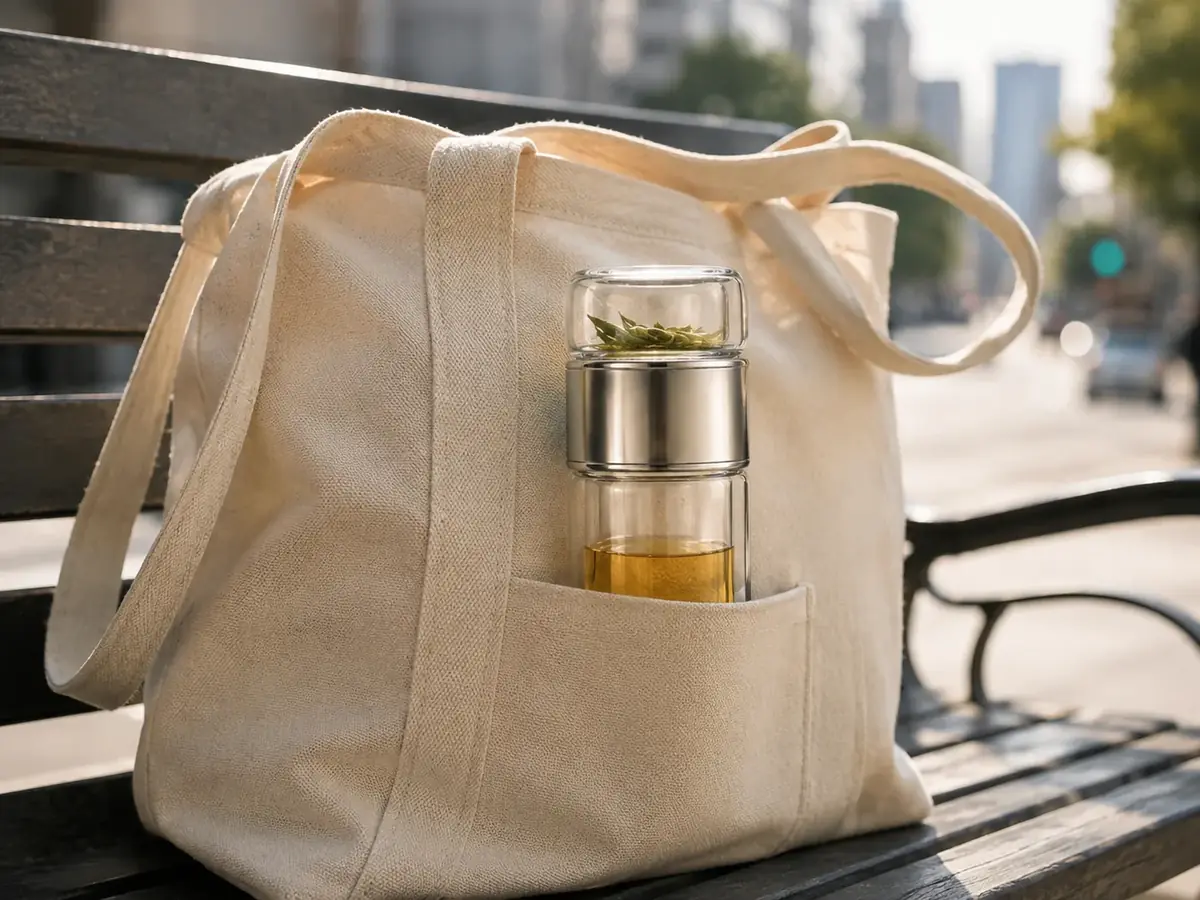 The glass tea bottle standing in the side pocket of a plain canvas tote bag on a bench, city street behind