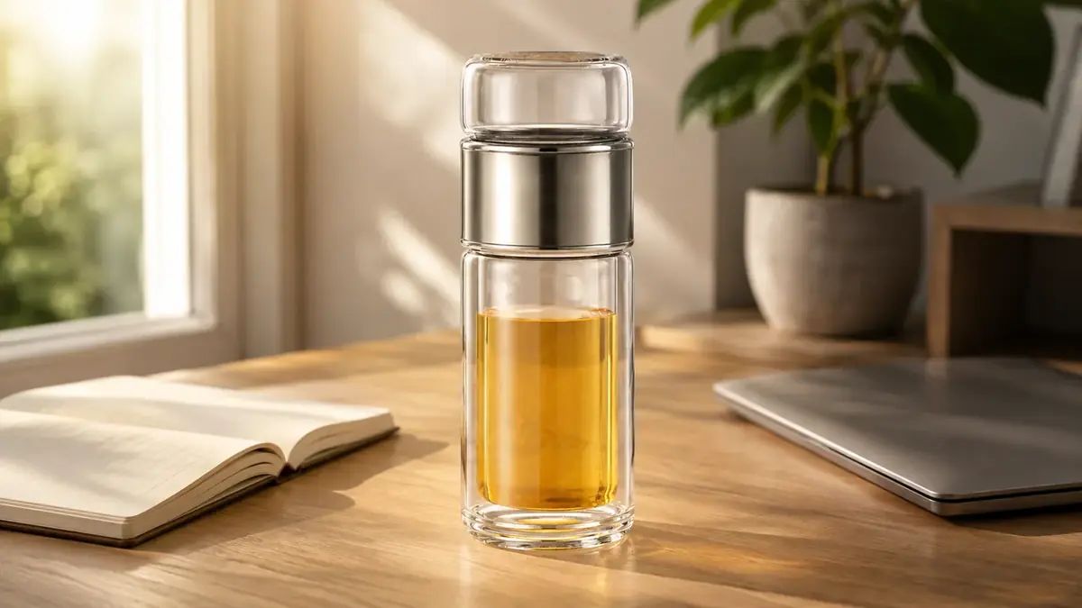 The double-wall glass tea bottle standing on an oak desk beside an open notebook and a closed laptop in warm window light