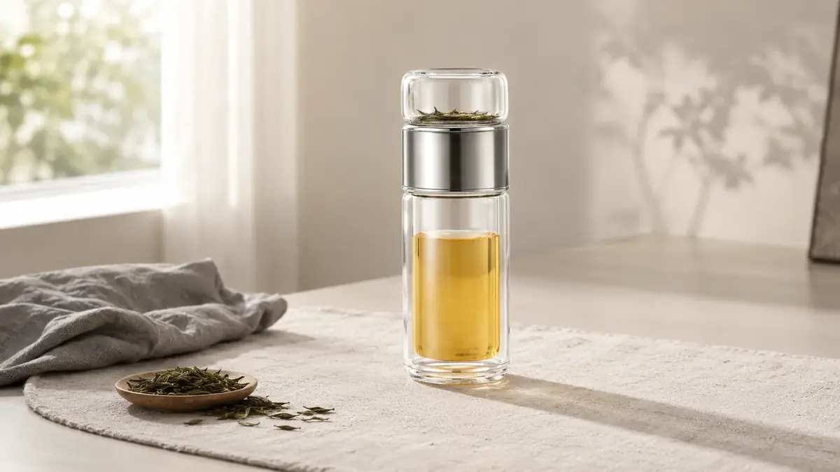 The glass tea bottle on a pale linen runner beside a wooden dish of dry tea leaves and a folded gray cloth