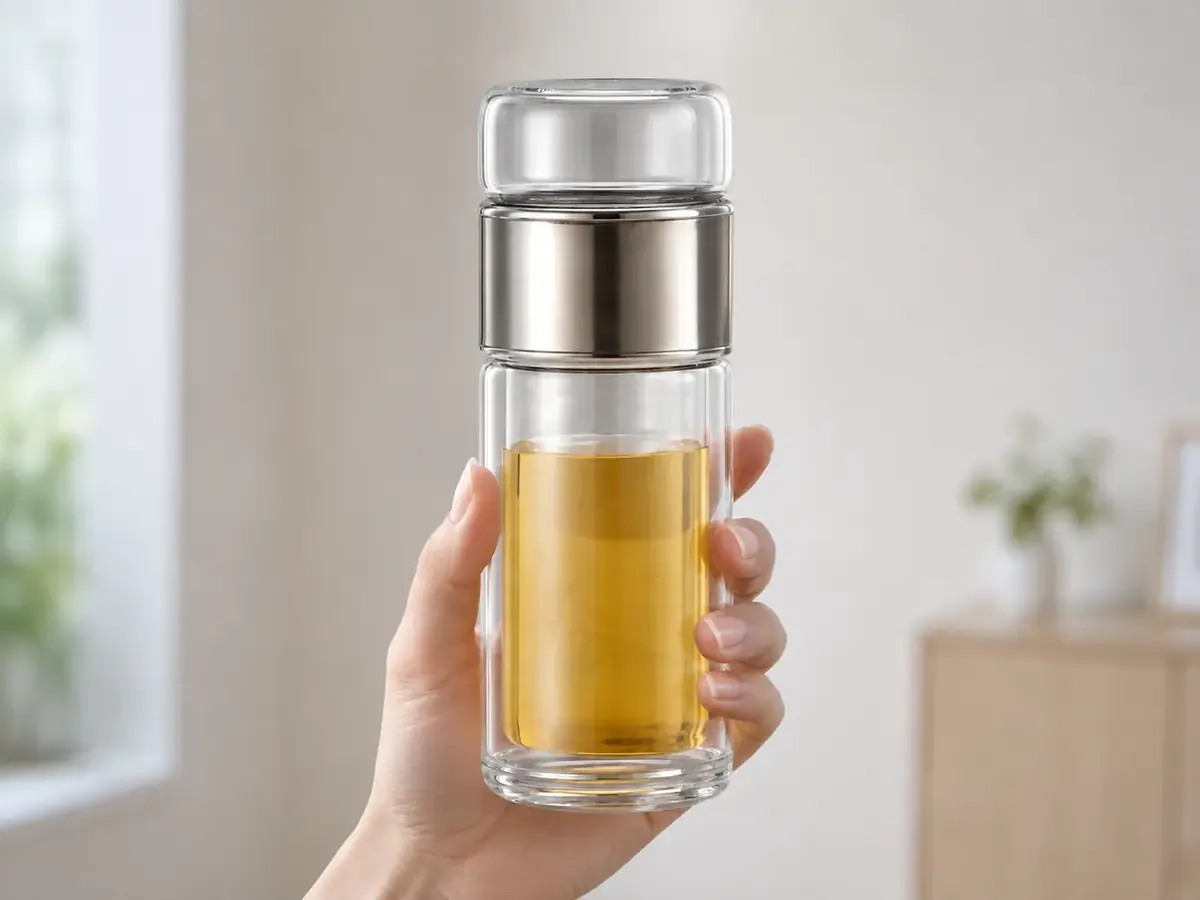 A hand holding the double-wall glass tea bottle upright at chest height, amber tea in the lower chamber