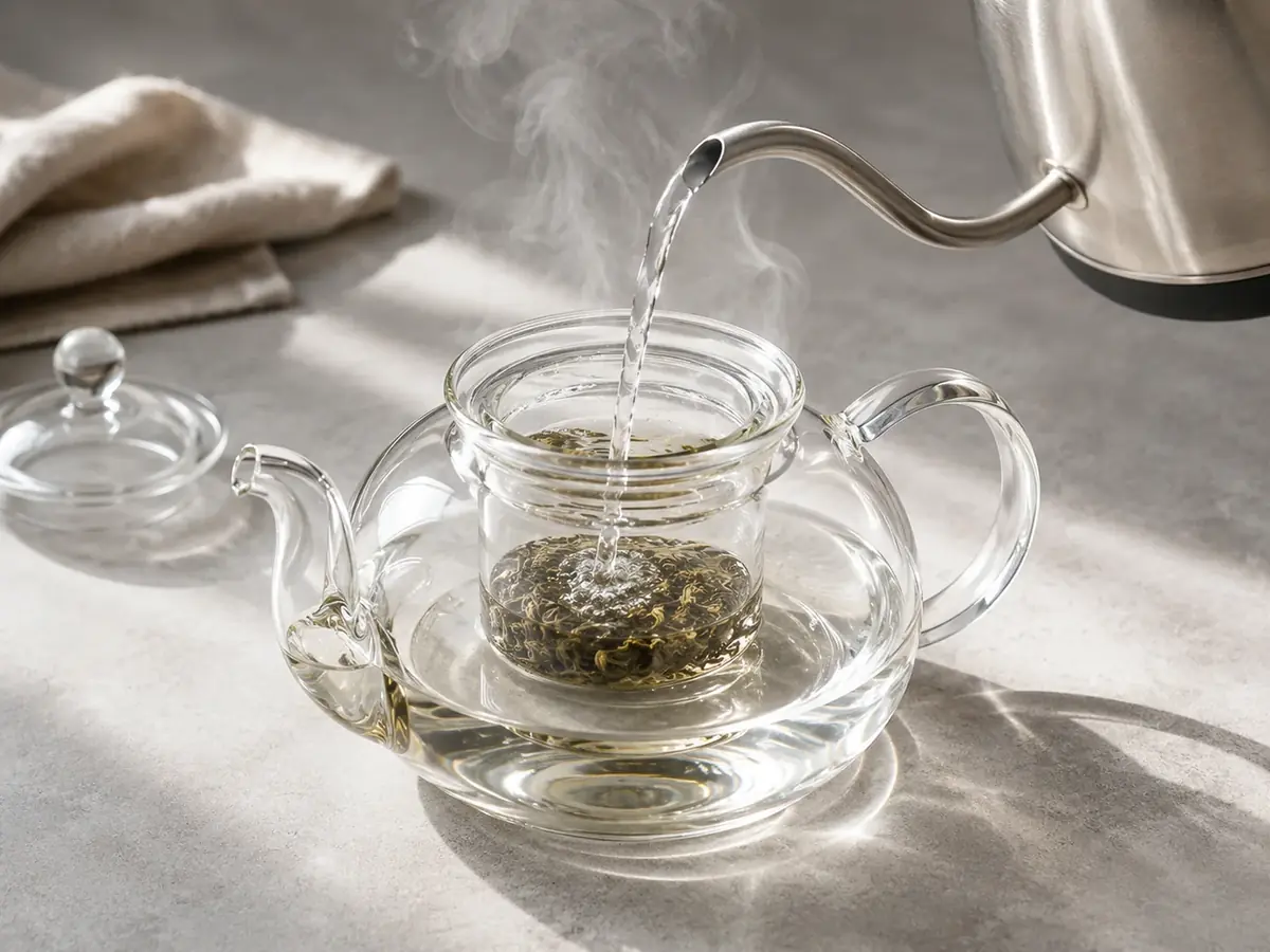Boiling water poured from a stainless gooseneck kettle into the glass infuser insert of a clear glass teapot, with steam rising