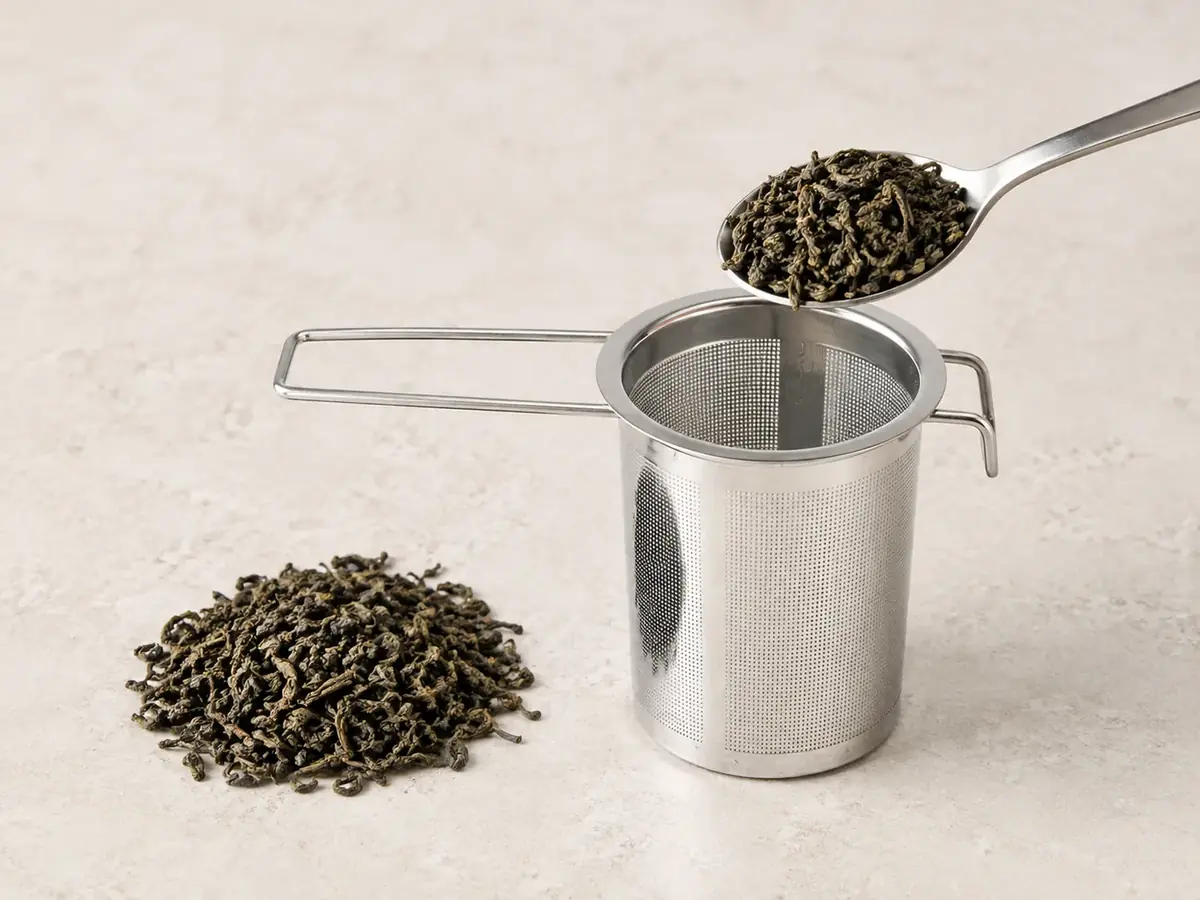 A teaspoon of dry curled tea leaves held above an empty steel infuser basket, with a small heap of loose leaves beside it