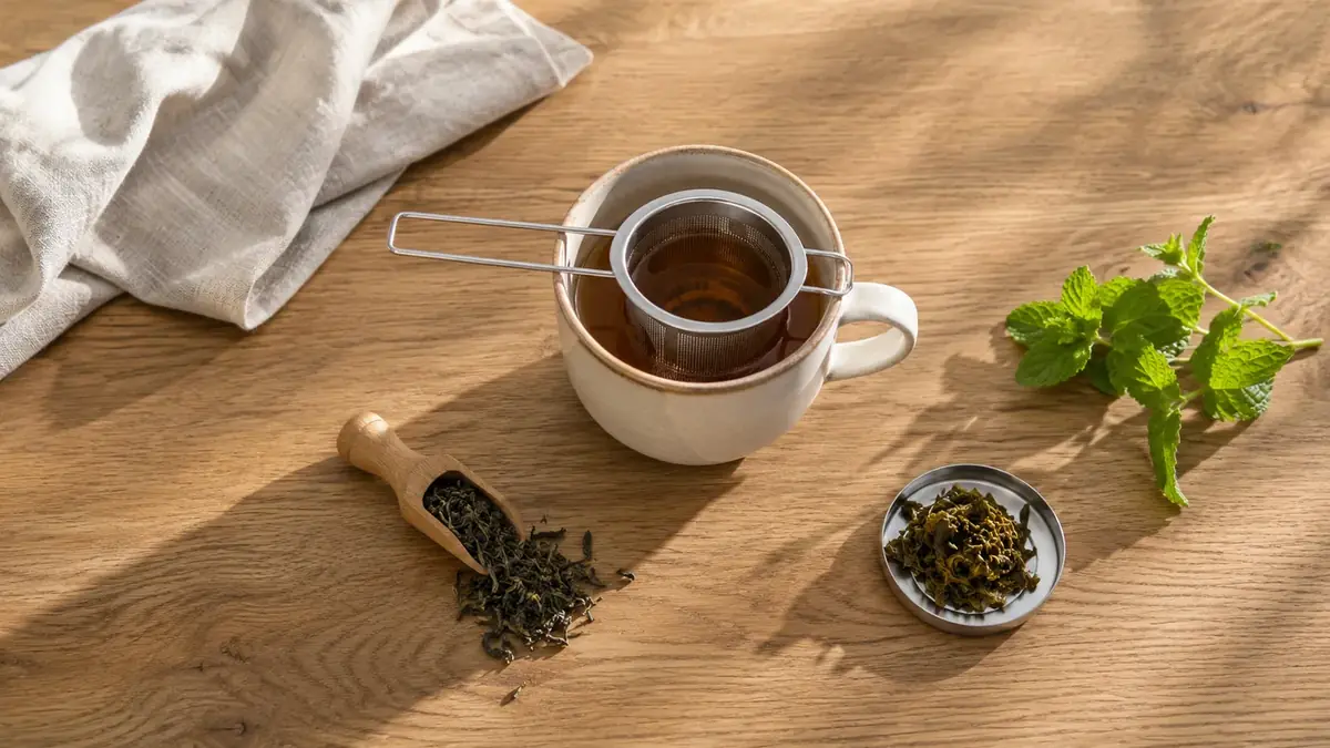 Tea infuser basket in a mug on an oak table, with loose leaves in a wooden scoop