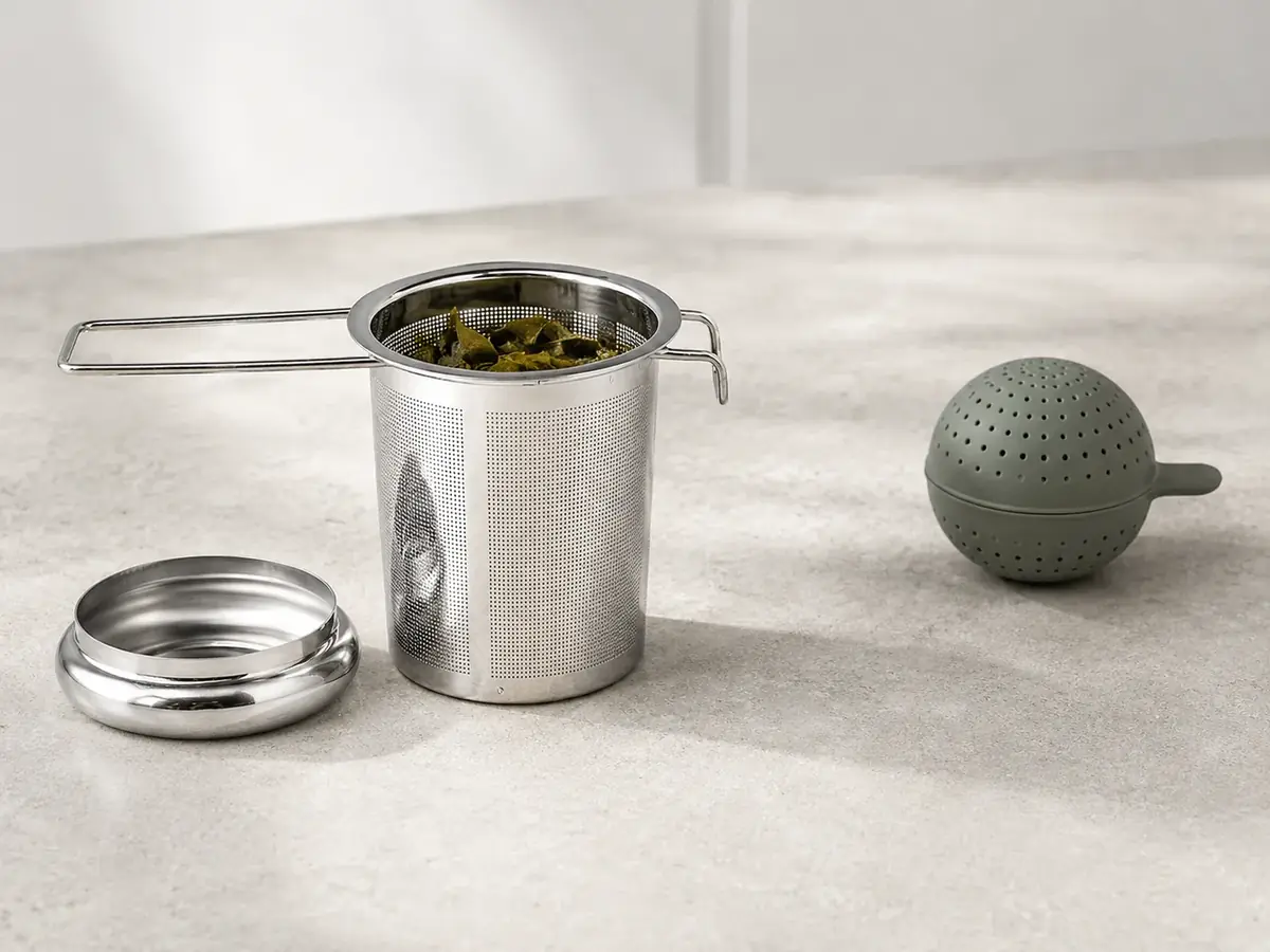 A stainless steel tea infuser basket holding wet leaves beside a plain gray-green silicone ball infuser on a stone counter