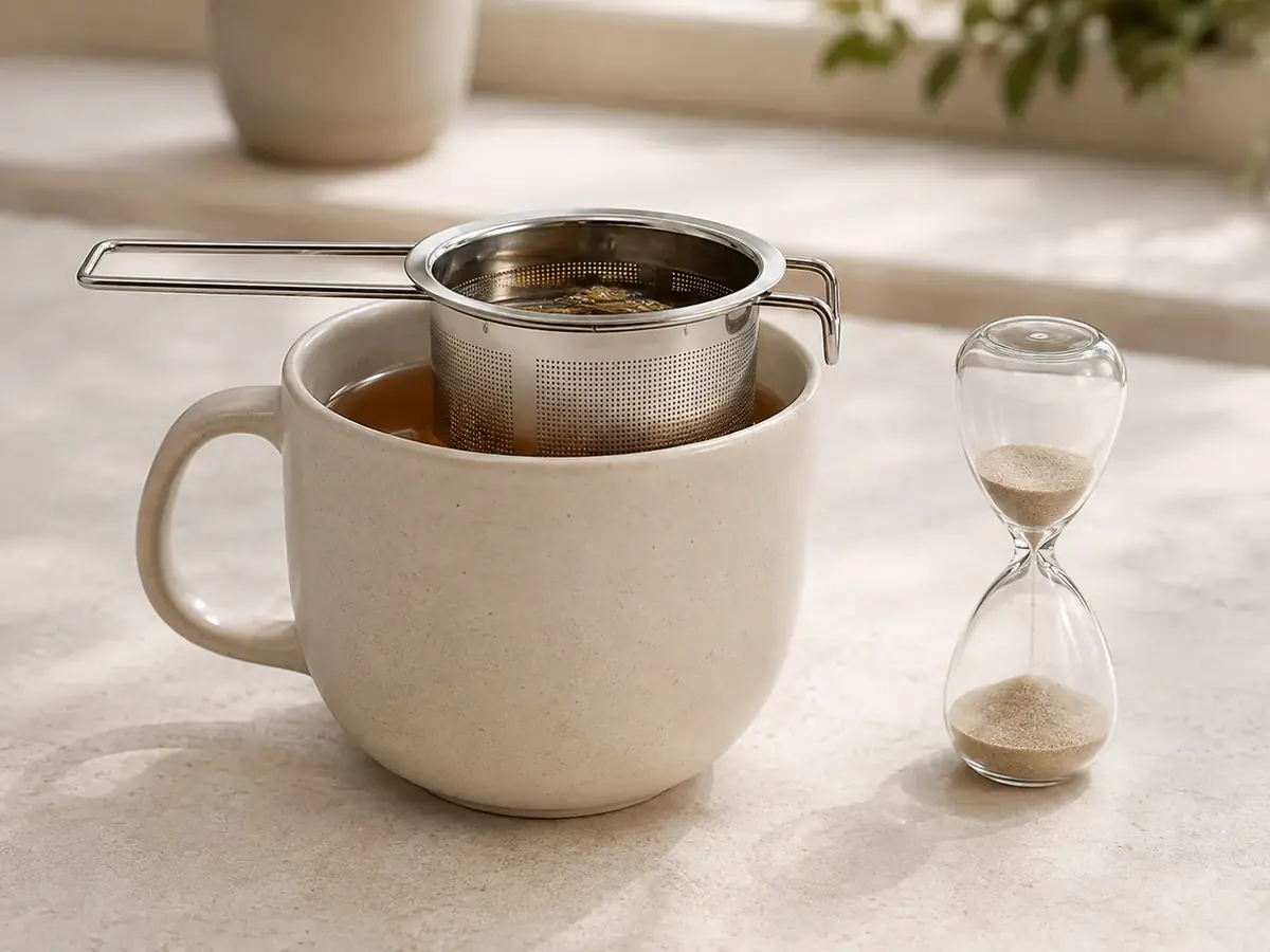 A steel infuser basket steeping in a mug of amber tea beside a small glass sand timer half run through