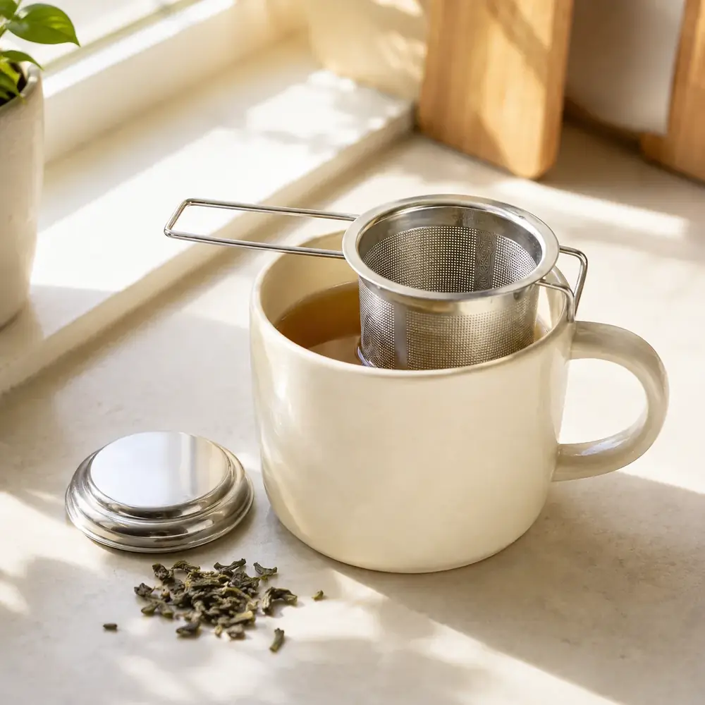 Stainless steel tea infuser basket resting on the rim of a mug of amber tea