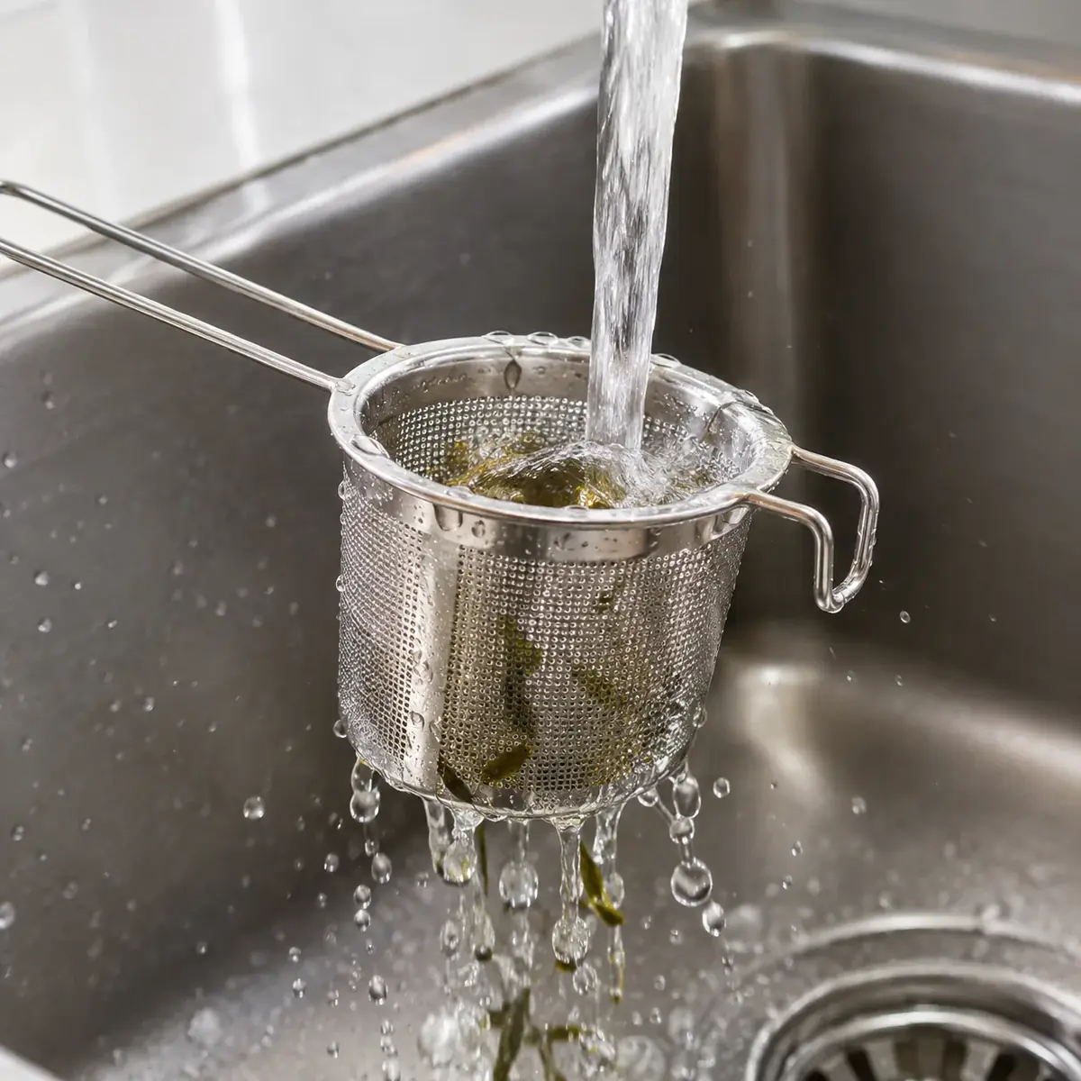 The empty steel infuser basket held under running water at a stainless sink, spent leaves washing away