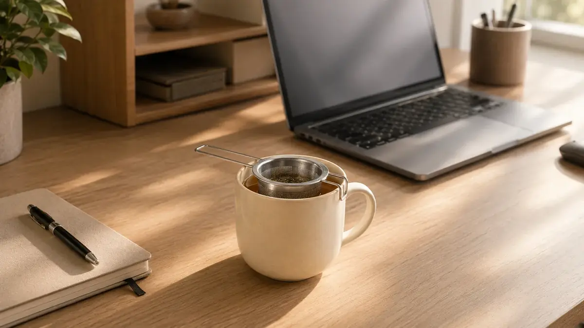 A mug with a steel infuser basket on an oak desk beside a notebook and a closed laptop in warm light