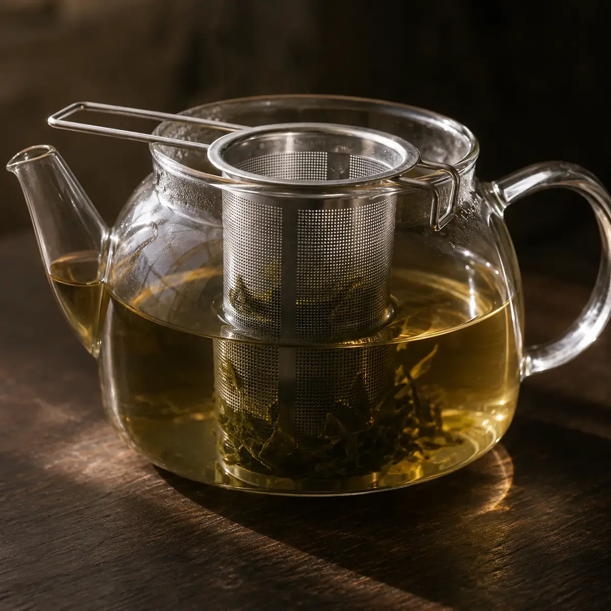 The steel infuser basket lowered into a clear glass teapot of pale green tea
