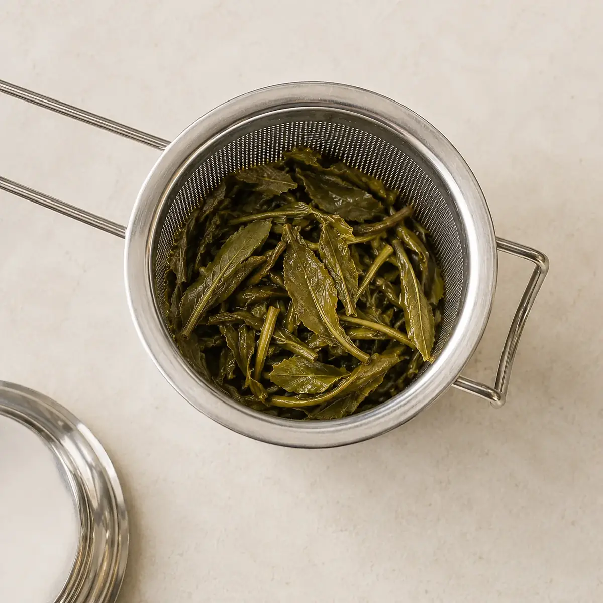 Overhead view of whole green tea leaves fully opened inside the steel basket, lid set beside it
