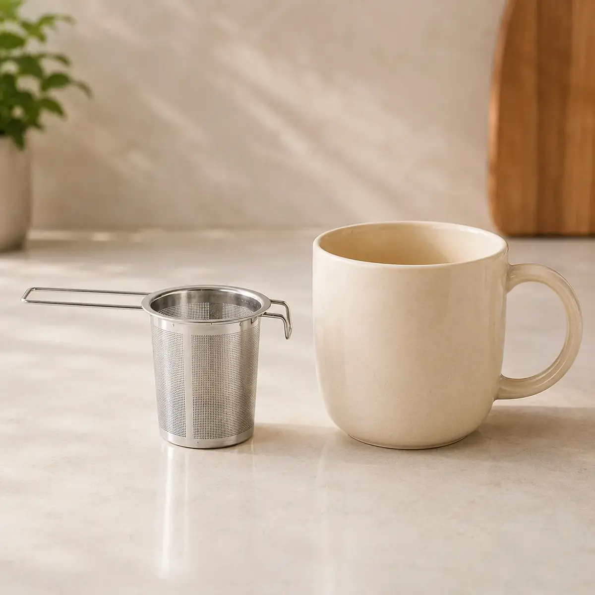 A steel infuser basket standing next to a ceramic mug on a counter, showing its size against the cup