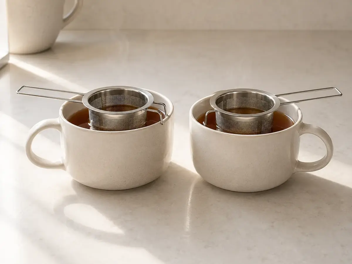Two ceramic mugs side by side, each with a steel infuser basket resting on the rim over amber tea