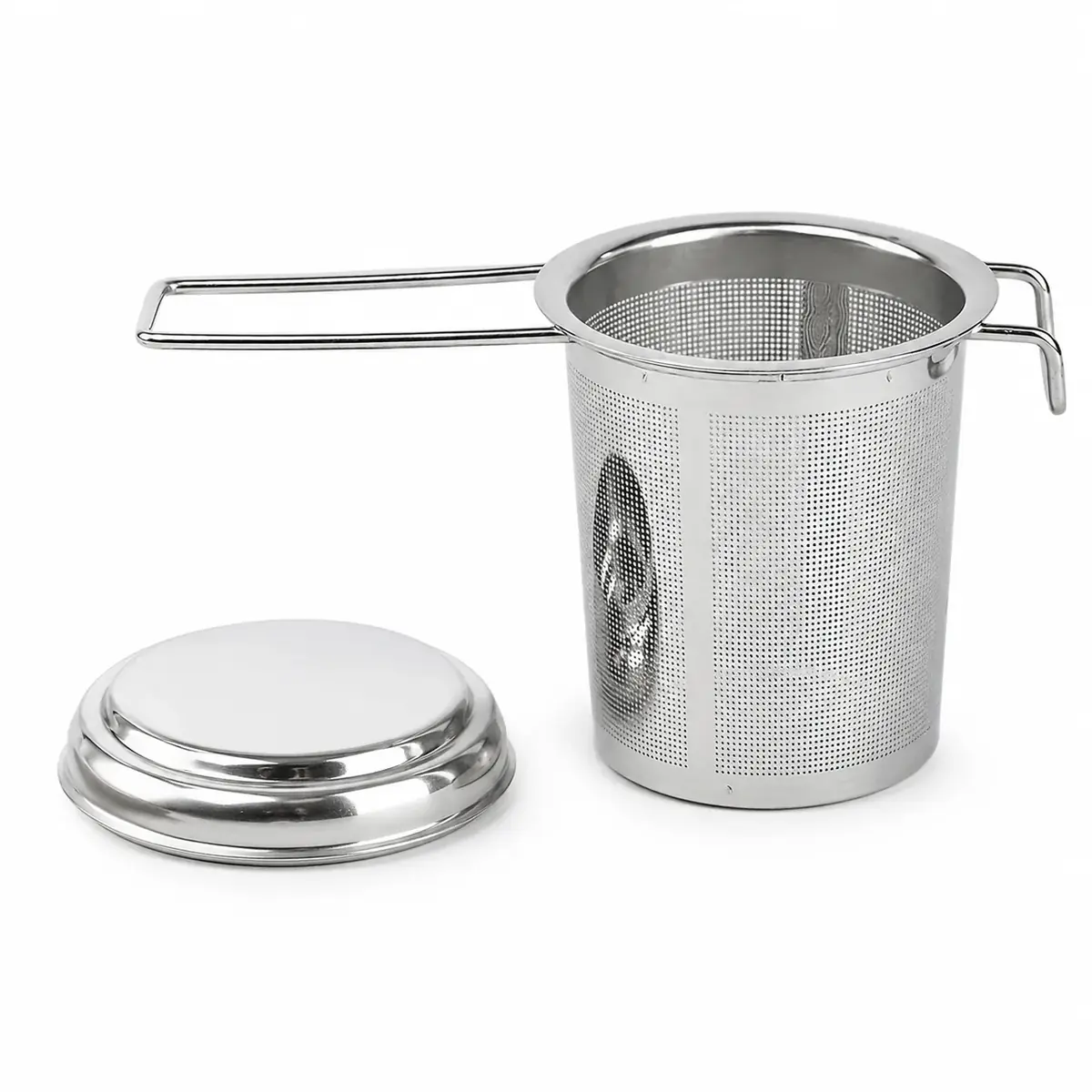 Teabrim stainless steel tea infuser basket with its domed lid set beside it