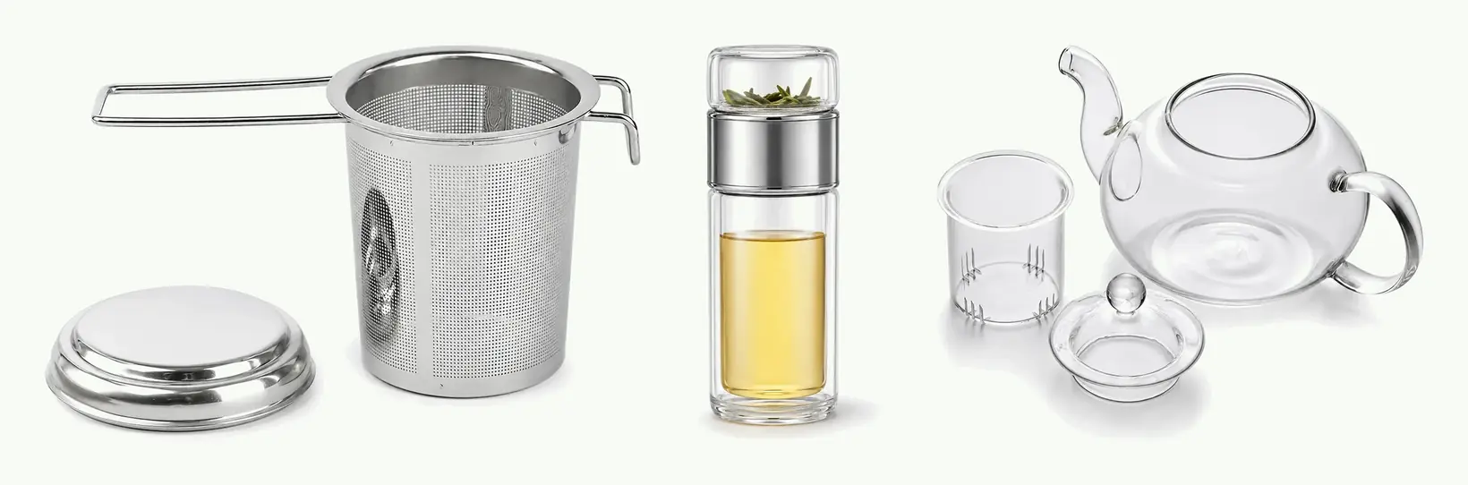 The Teabrim range side by side: the stainless steel infuser basket with its domed lid, the double-wall glass tea bottle, and the glass teapot with its infuser insert