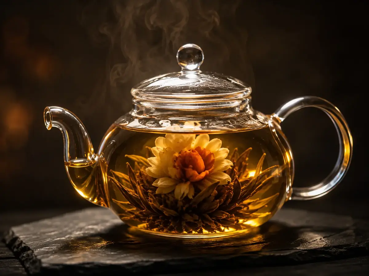 A blooming tea flower open inside a glass teapot of amber tea, steam rising, lit warmly against a dark background
