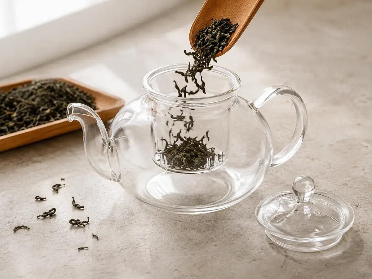 Dry tea leaves being spooned from a wooden scoop into the glass infuser insert of an empty glass teapot