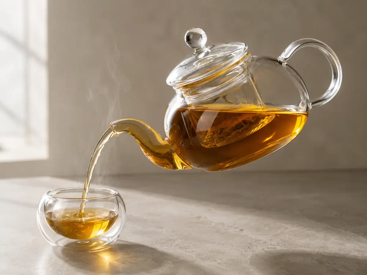 A glass teapot tilted mid-pour, a stream of amber tea falling into a small clear glass cup
